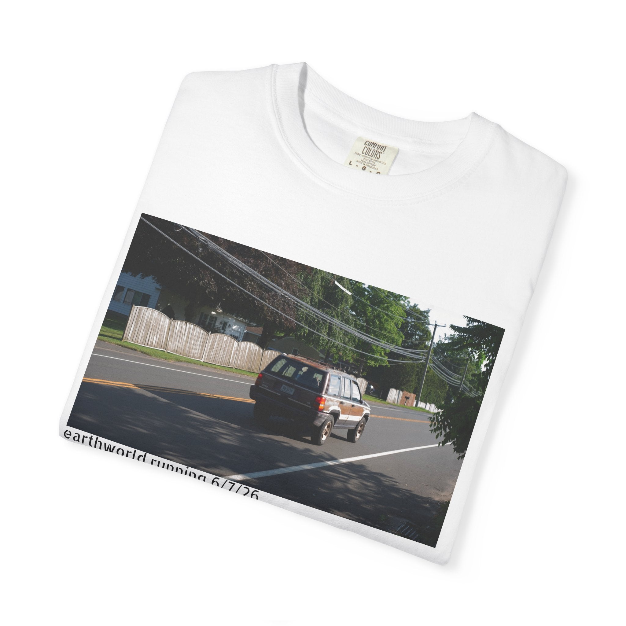 Scenic Roadside Photo Tee — Vintage Van Summer Drive T-Shirt