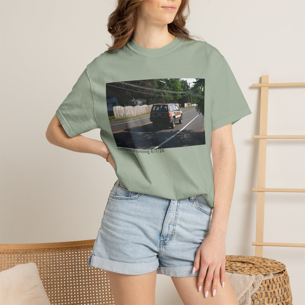 Scenic Roadside Photo Tee — Vintage Van Summer Drive T-Shirt