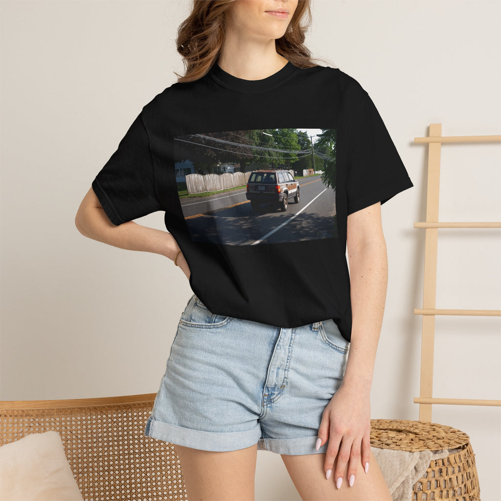 Scenic Roadside Photo Tee — Vintage Van Summer Drive T-Shirt