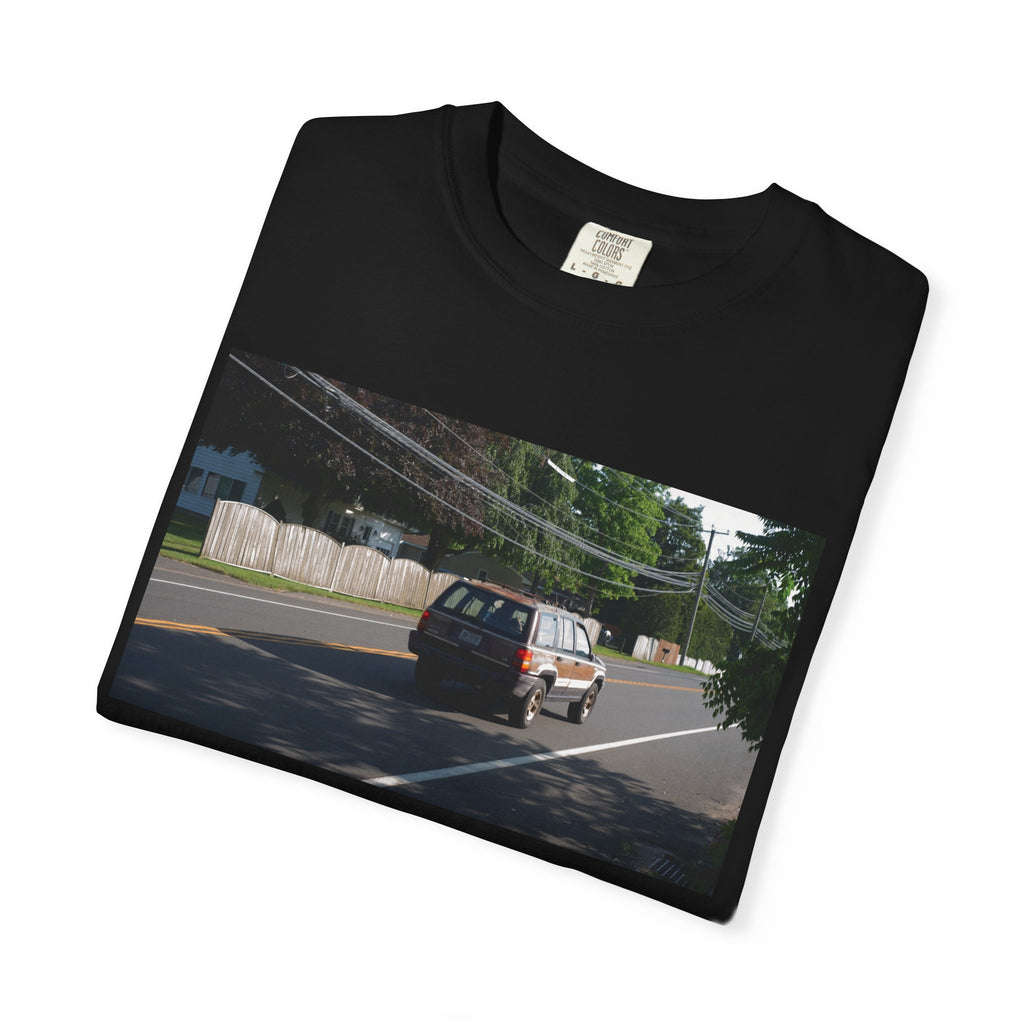Scenic Roadside Photo Tee — Vintage Van Summer Drive T-Shirt